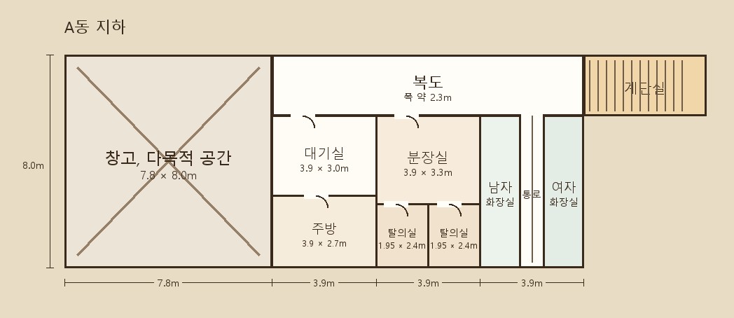 A동 지하 도면. 창고 다목적 공간, 긴 복도, 대기실, 주방, 분장실, 탈의실 2, 남녀 화장실, 계단실